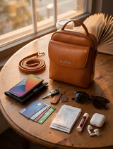 Daily essentials being transferred into an organized crossbody bag before the next day.