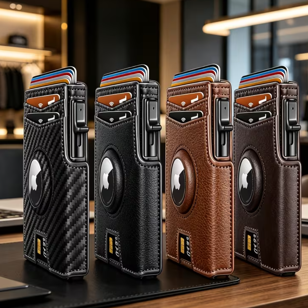 Ouchlove Genuine Leather RFID-Blocking Men’s Everyday Carry Wallet | Includes AirTag Tracking Slot | Pop-Up Metal Card Holder