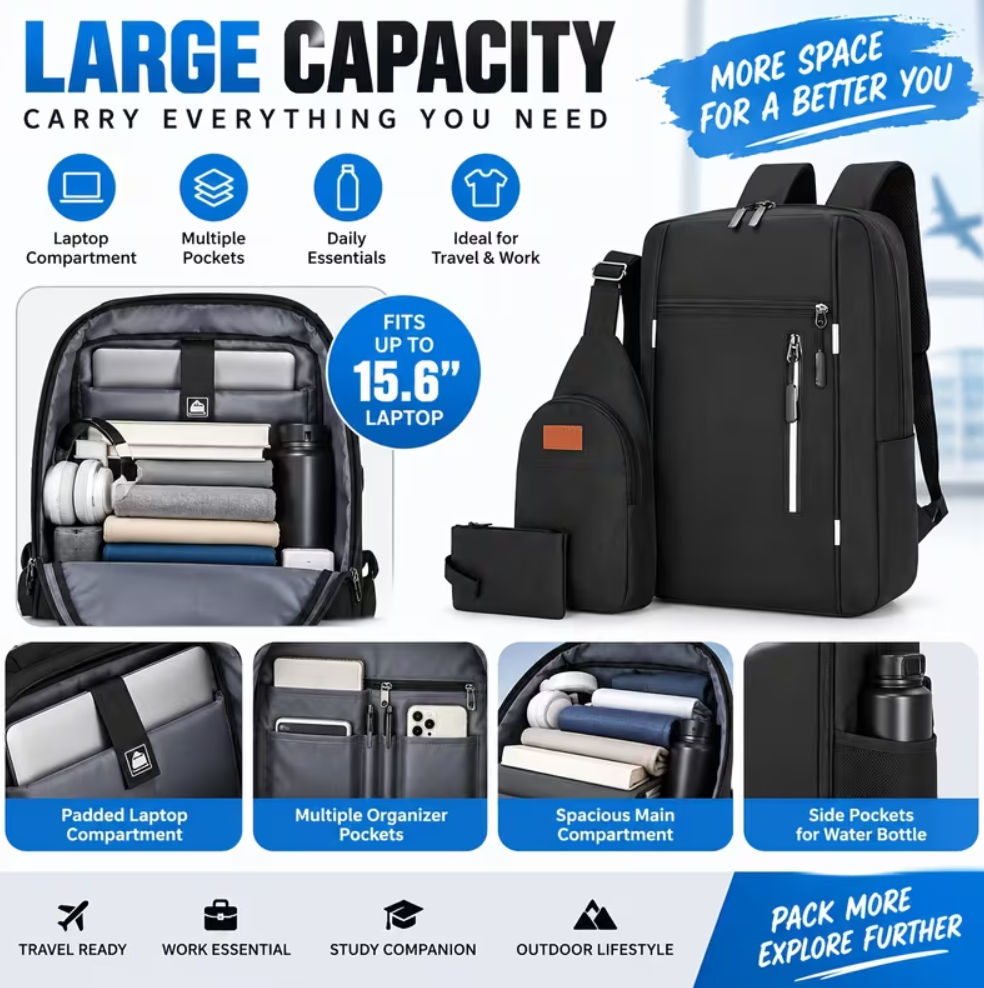 Ouchlove Men’s 3-Piece Shoulder Bag Set – Large-Capacity, Water-Resistant Laptop Shoulder Bag