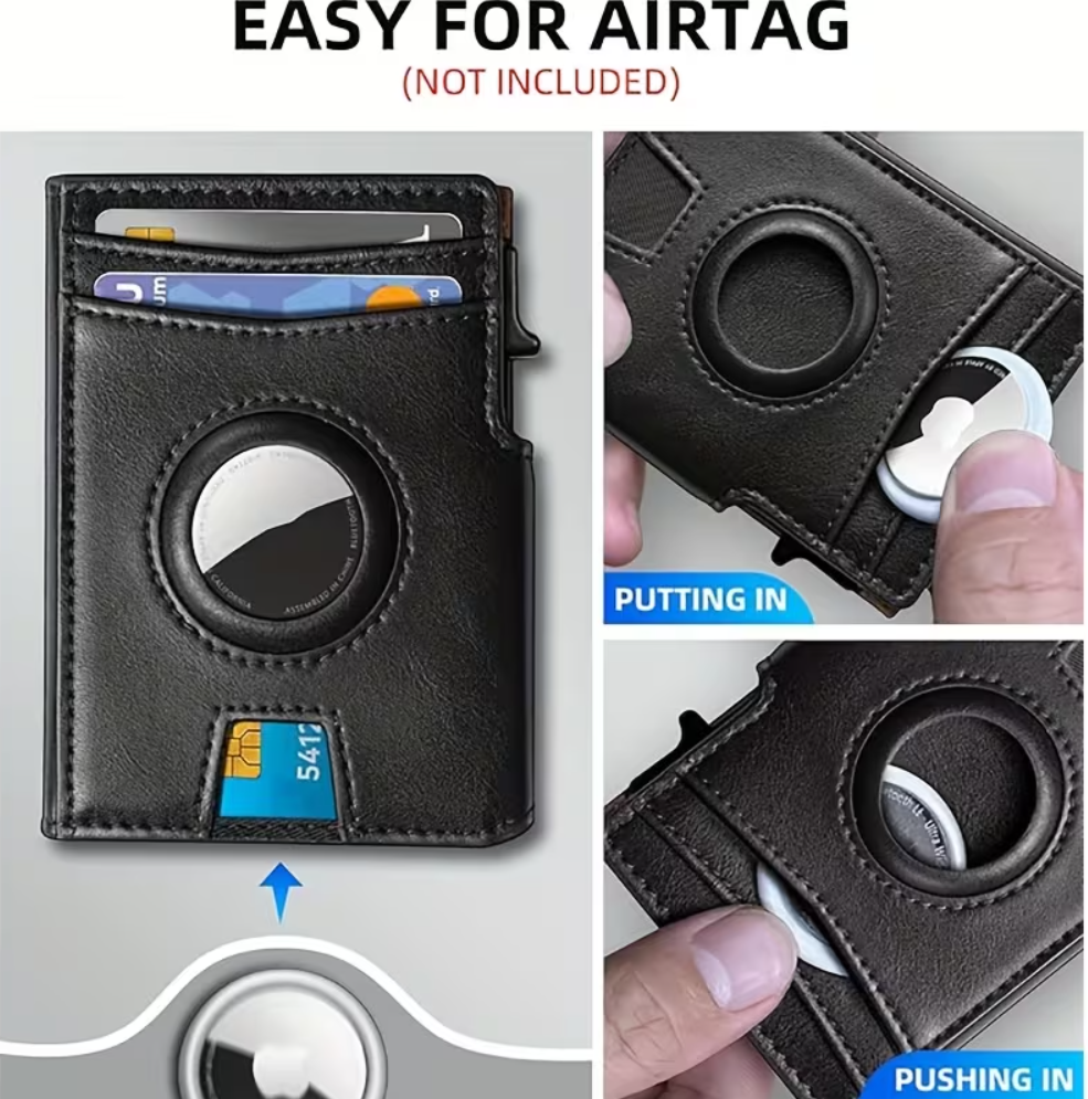Ouchlove Genuine Leather RFID-Blocking Men’s Everyday Carry Wallet | Includes AirTag Tracking Slot | Pop-Up Metal Card Holder